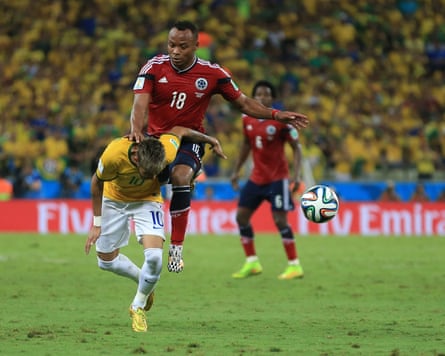 Neymar sustains a fractured vertebra after taking a knee in the back from Colombia’s Juan Camilo Zúñiga