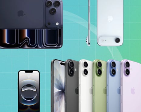 A composite of several different coloured iPhones on a green background