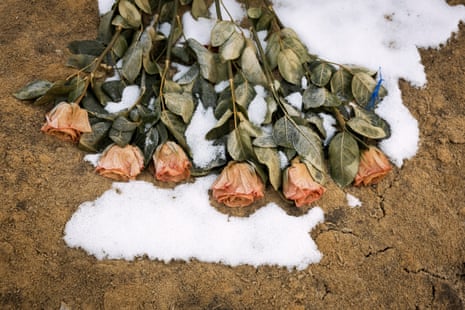 Frozen roses lie atop a grave in the military section of a cemetery in Kharkiv, Ukraine.