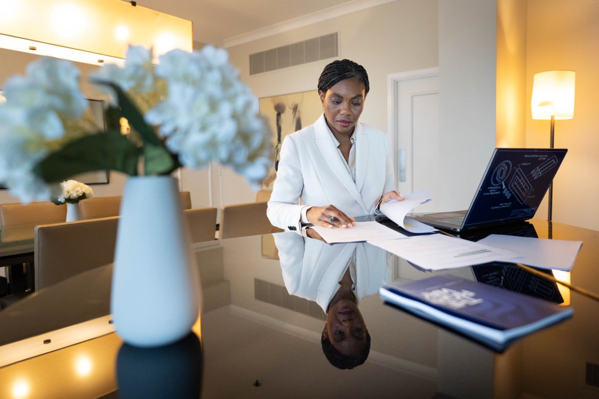 Kemi Badenoch in her hotel room at the Birmingham conference yesterday, where she has been preparing for her conference speech.