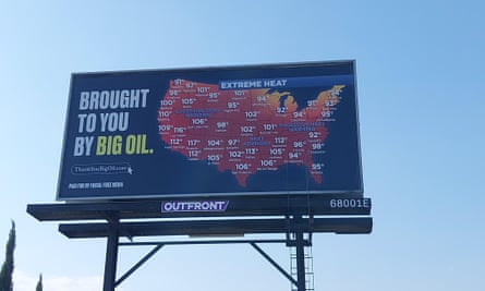 A billboard calling out big oil for its contribution to the climate crisis in Fresno, California.