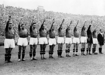 Italy’s players perform the fascist salute before the start of the 1938 World Cup final against Hungary in Paris.