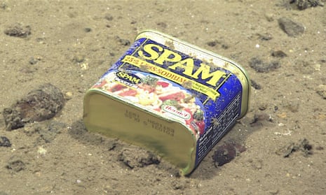 A container of Spam, seen resting at 4,947 meters on the slopes of a canyon leading to the Sirena Deep. 2016 Deepwater Exploration of the Marianas expedition