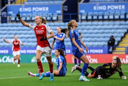 Frida Maanum celebrates after scoring the decisive goals for Arsenal at Leicester.