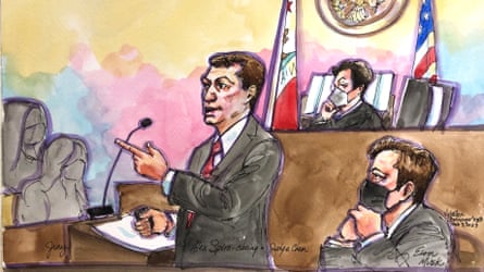 Elon Musk sits in the courtroom during closing arguments by Tesla attorney Alex Spiro.
