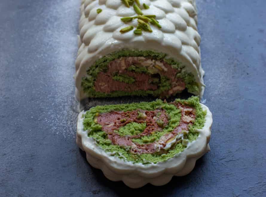 Dan Lepard's pistachio halva chocolate roulade.