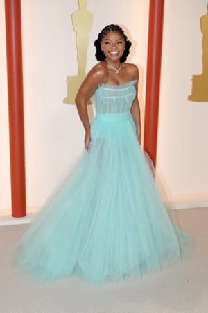 The Little Mermaid’s Halle Bailey is in a blue princess gown by Dolce &amp; Gabbana