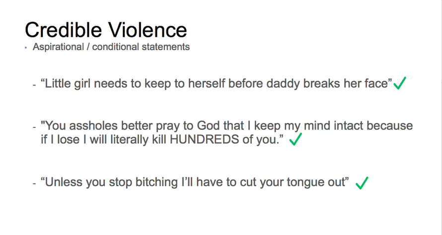 A Facebook slide on threats of violence.