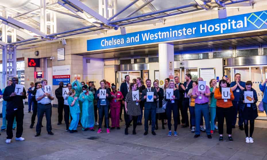 Staff at Chelsea and Westminster Hospital during Clap for Carers, 9 April 2020: ‘The same day Dominic Raab encouraged us all to clap for workers risking their lives, the government restated that some of them soon won’t be allowed in the country.’