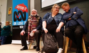 Journalist Kerry O’Brien, actress Magda Szubanksi and novelist Tom Keneally during a Save the ABC rally in Sydney, July 8, 2018.