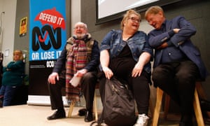 Journalist Kerry O’Brien, actress Magda Szubanksi and novelist Tom Keneally during a Save the ABC rally in Sydney, July 8, 2018. 