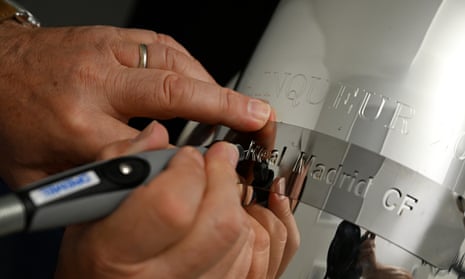 A detailed view of the engraving of Real Madrid on the UEFA Super Cup trophy after their victory over Eintracht Frankfurt in the Super Cup final.