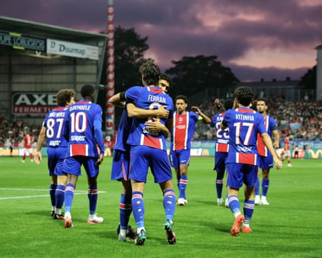 Ferran Torres celebrates after scoring in the Ligue 1 match between PSG and Brest