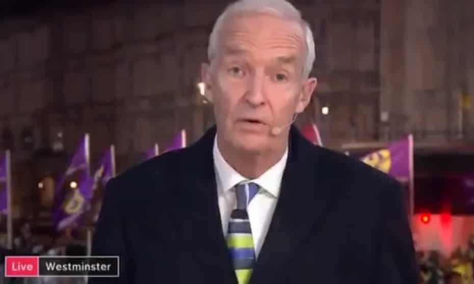 Jon Snow reporting from outside parliament on 29 March