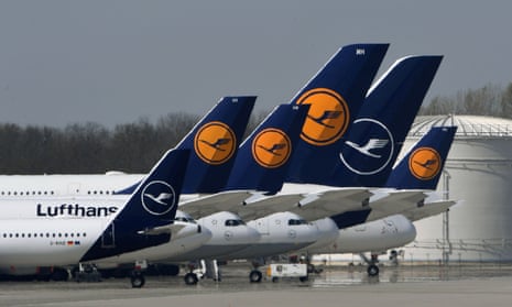 Lufthansa planes parked at the Franz-Josef-Strauss airport in Munich, Germany.