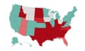 A color-coded map of the US showing the status of each states' abortion laws