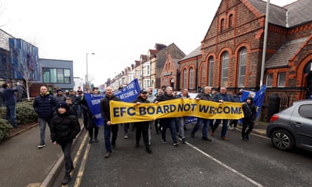 Everton fans protest against their board outside Goodison Park before the match against Leeds.