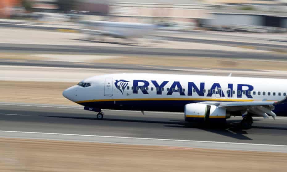 A Ryanair Boeing 737 plane lands at Lisbon’s airport.