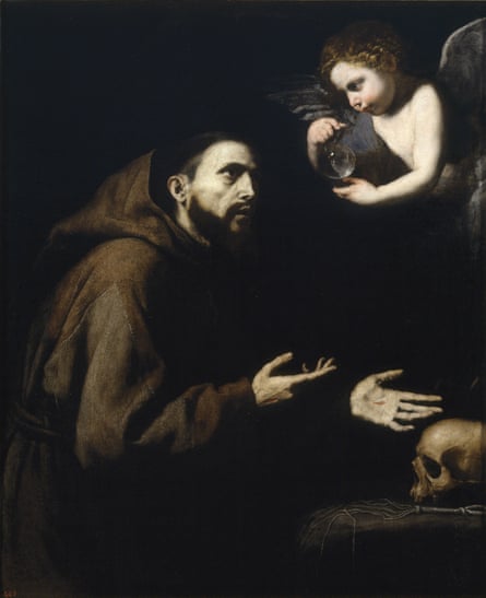 Painting of St Francis of Assisi talking to an angel next to a skull