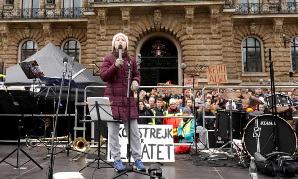 Swedish climate activist Greta Thunberg joins students for a school strike in Hamburg on 1 March.
