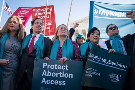 Debbie Mucarsel-Powell, left, and fellow Democratic US representatives participate in an abortion rights rally outside the supreme court on 4 March 2020.
