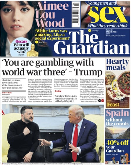 The Guardian front page, Saturday 1 March 2025