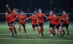 Glasgow City players celebrate after a penalty shootout victory over Brøndby in the Women’s Champions League round of 16