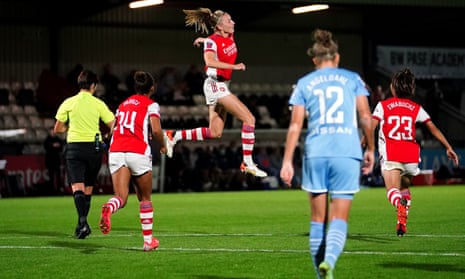 The Arsenal defender Leah Williamson celebrates scoring in Arsenal’s 5-0 win over Manchester City in September.  