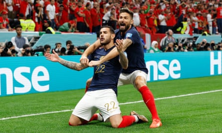 Theo Hernández celebrates after scoring for France in the FIFA World Cup 2022 semi-finals 