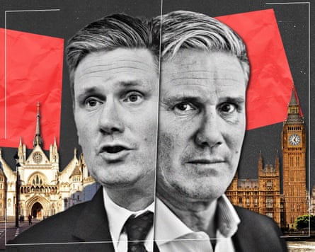 A composite of two images of Keir Starmer, with the Houses of Parliament in the background and large red squares