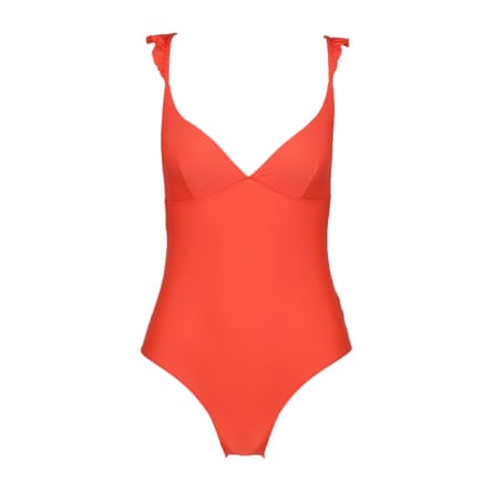 Canopea Allegra Recycled Polyamide Swimsuit. An orange low v neck swimsuit with ruffle details on the strap