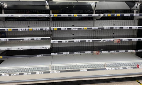 Empty shelves in the meat aisle of a branch of Tesco in Liverpool, UK.
