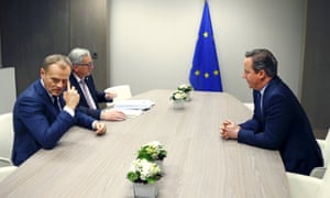 No deal yet: David Cameron in late-night talks with European Council president Donald Tusk and European Commission president Jean-Claude Juncker.