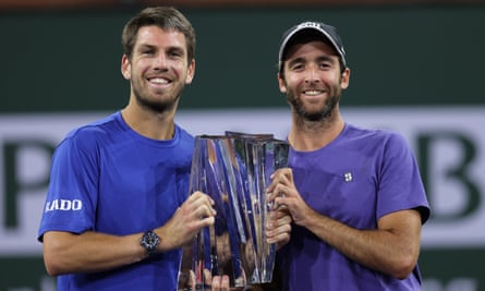 Cameron Norrie and his coach Facundo Lugones (right) bask in the player’s victory at Indian Wells
