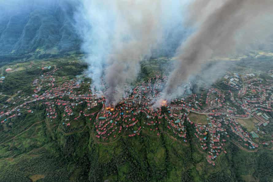 Fires in Thantlang in Chin State, where more than 160 buildings have been destroyed caused by shelling from Junta military troops.