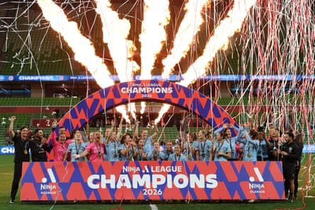 Melbourne City lift the trophy after winning the A-League Women championship with a 3-1 victory over Wellington Phoenix in the grand final at AAMI Park