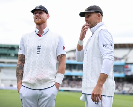 The England cricketers Ben Stokes (left) and Joe (Root) stand and talk together at Lord’s.