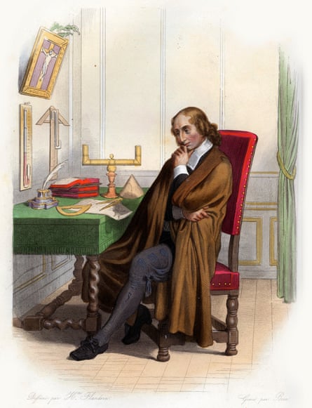 Drawing of Blaise Pascal sat at a desk with mathematical tools
