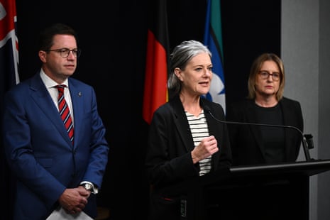(L-R) Victorian police minister Anthony Carbines, attorney general Sonya Kilkenny and premier Jacinta Allan.