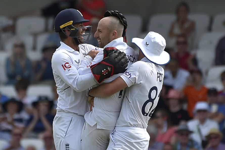 England’s Jack Leach (centre) is congratulated by his teammates after the dismissal of New Zealand’s Henry Nicholls.
