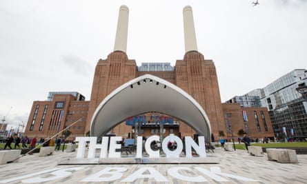 Battersea Power Station, with signs out front reading ‘The icon is back’