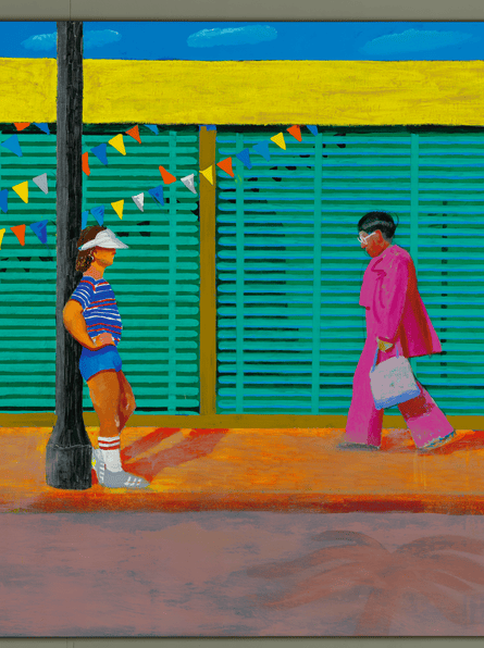 A colourful painting of a jogger leaning against a lampost and a person in a pink trouser suit walking by a closed shop