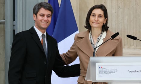 The prime minister, Gabriel Attal, with Amélie Oudéa-Castéra at her appointment ceremony.