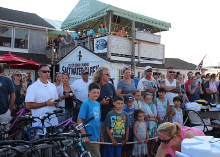 A crowd at the Block Island Giant Shark Tournament, Rhode Island, US.