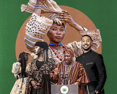 Composite of Michael B. Jordan, John Dramani Mahama and women in cultural dress.