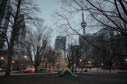 Homeless people find shelter in makeshift tent encampments at Clarence Square in Toronto in February 2024.
