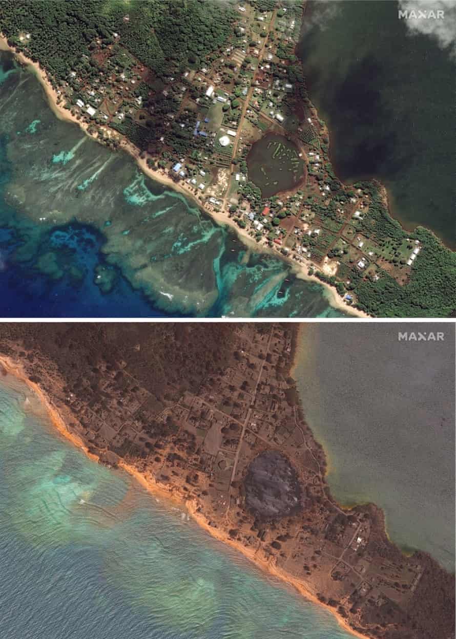 An overview of Nomuka in the Tonga island group before and after the volcanic eruption.