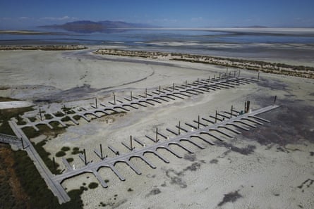 Empty docks at the Antelope Island Marina due to record low water levels in August 2022.