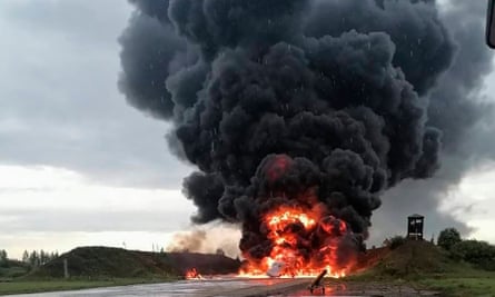 A Russian warplane is burning on the Soltsy air base in the Novgorod region in northwestern Russia. U