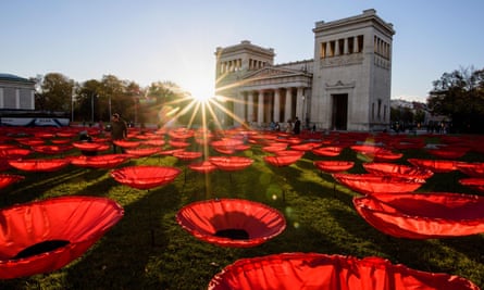 A poppy installation called Never Again at Königsplatz in Munich, southern Germany.